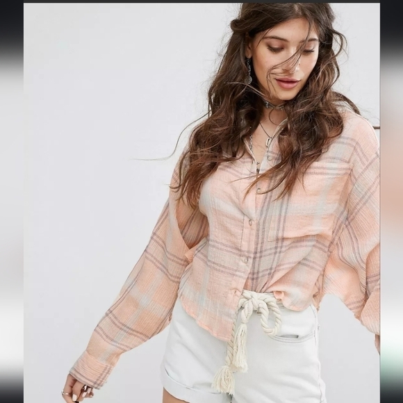 Free People Cropped Cutie Plaid button down Shirt womens size XS - Picture 1 of 11